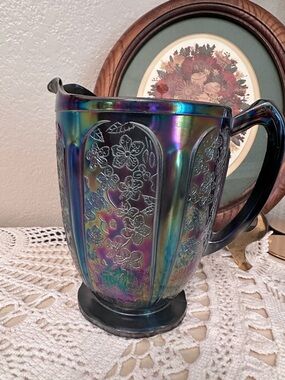 Iridescent Carnival Glass Pitcher with Floral Motif